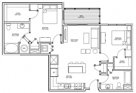 Floor plan for 2 beds, 2 baths, 1046 sqft